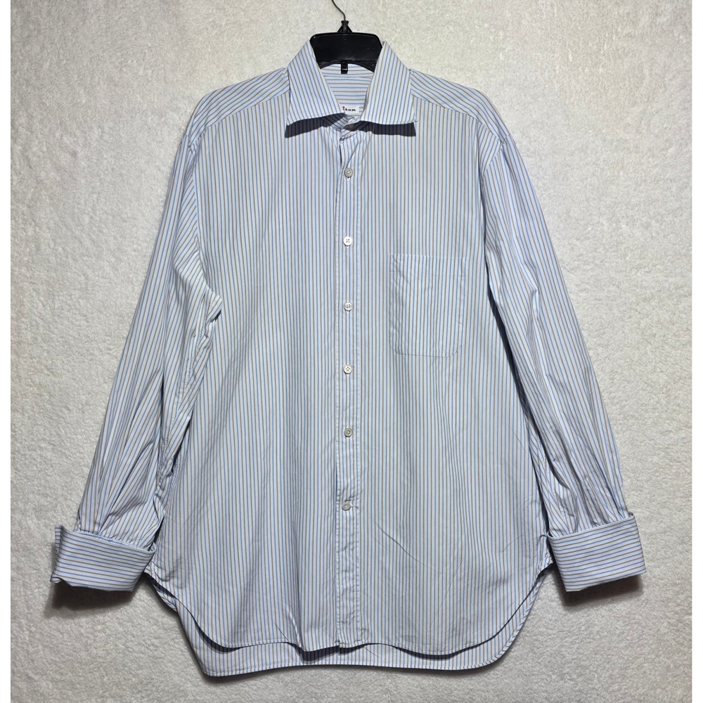 Kiton Men's Blue Tan Striped Dress Shirt 16.5 42 Long Sleeve Button Down Italy